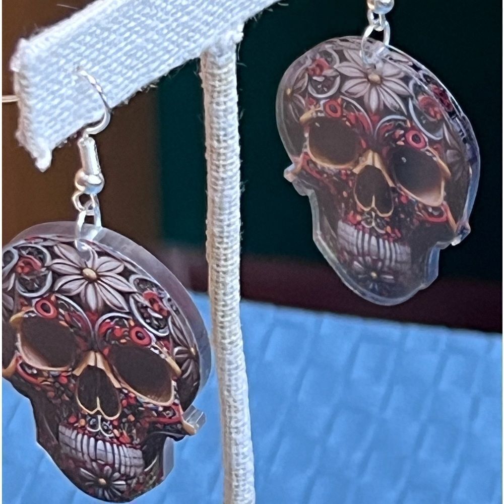 Gothic Halloween Skull Fishhook Dangle Earrings #JW21